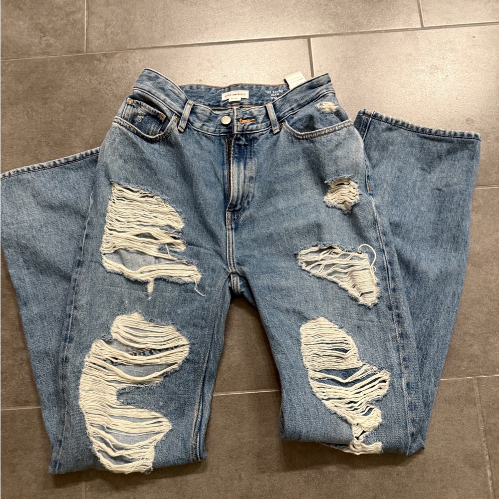 Good American KHLOE High Rise Distressed Jeans - Blue